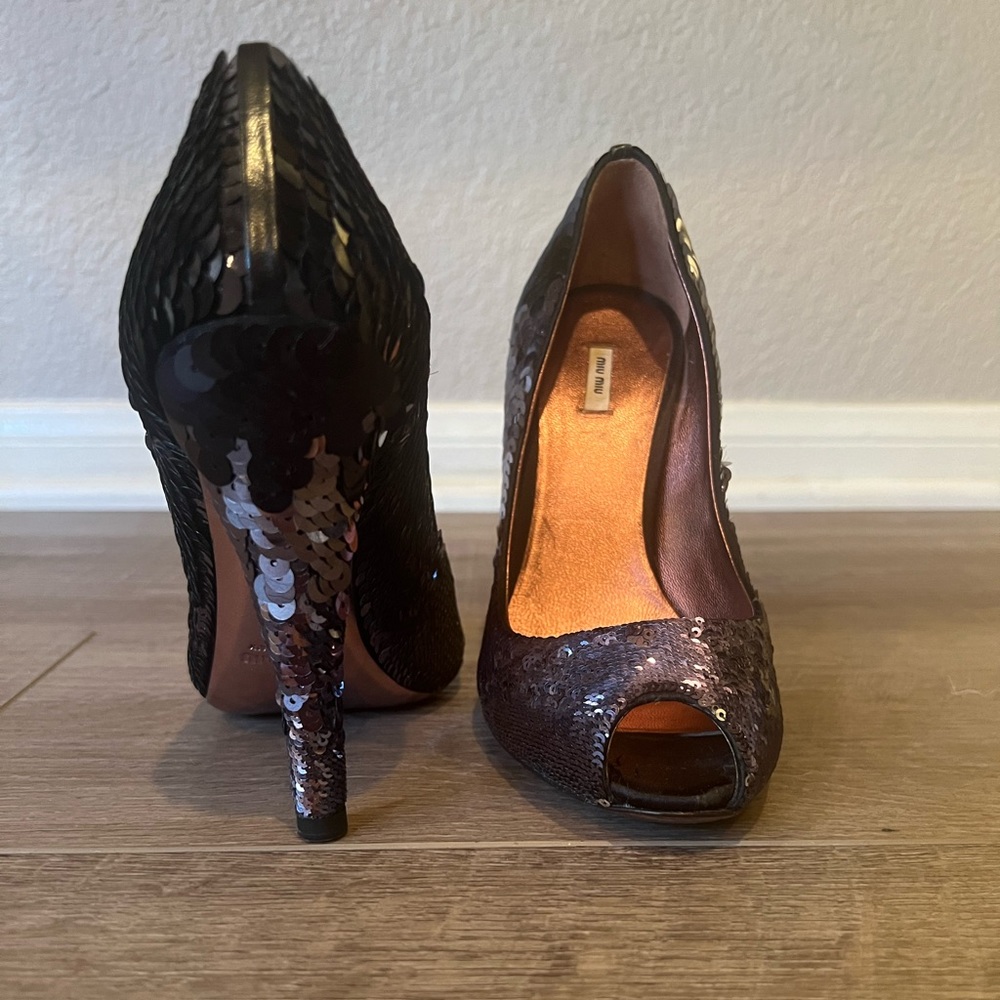 Miu Miu Sequin Peep Toe Heels - Size 36.5 (6.5)